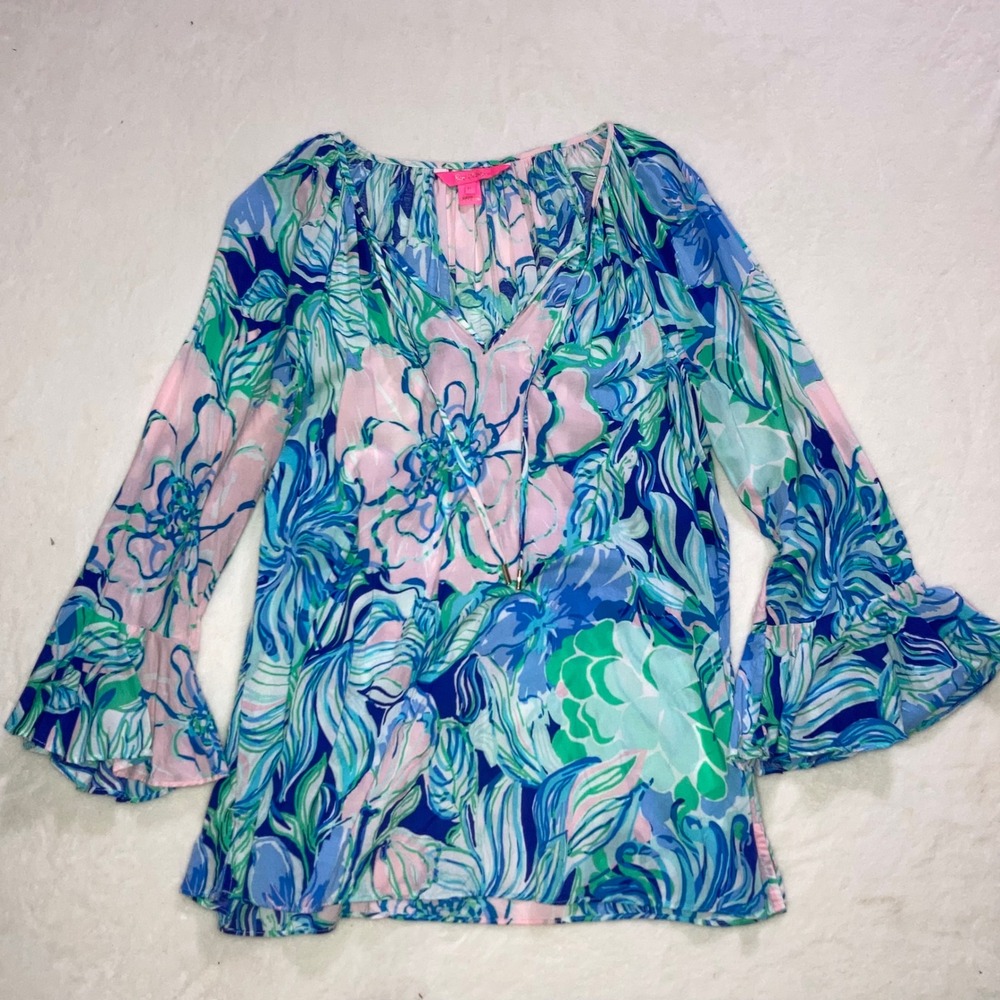 Lilly Pulitzer Womens Blue Pink Floral Ruffle Sleeve Tunic Blouse Medium Resort